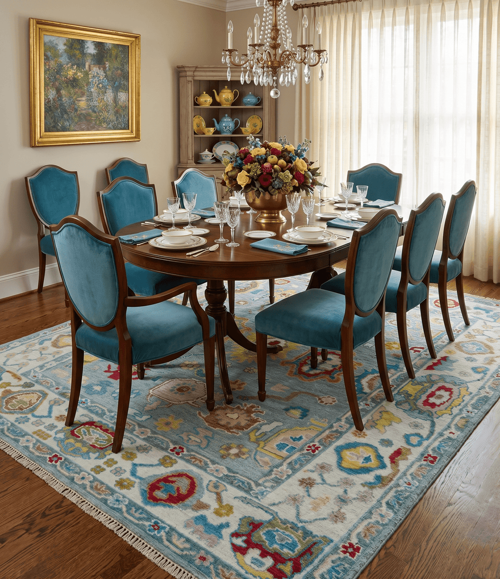 Traditional Blue and Ivory Vibrant Colorful Hand knotted Oushak Multi Size wool Area Rug - The Rug Decor