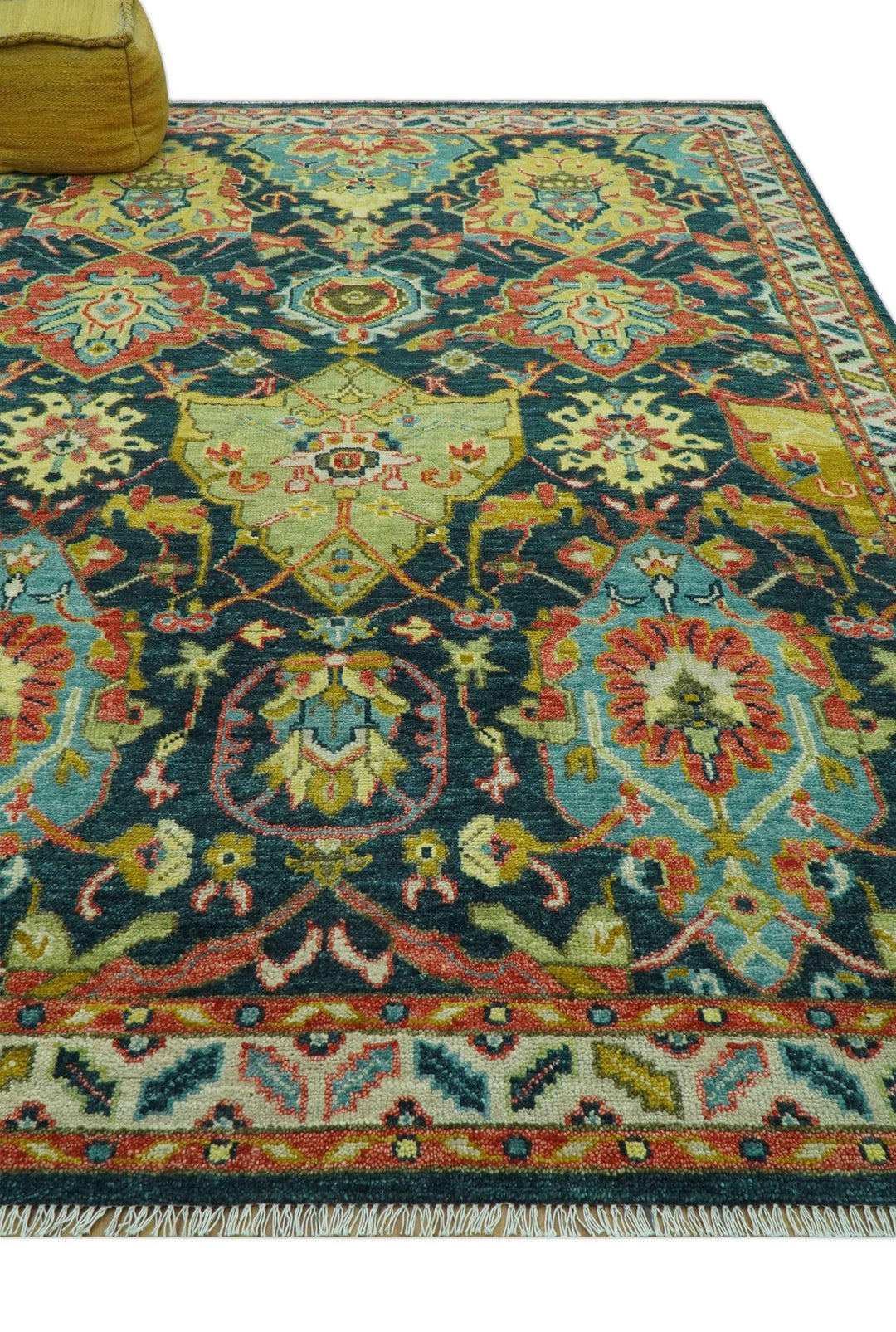 Traditional Design Blue, Rust and Gold Hand Knotted 9x12 Wool Rug - The Rug Decor