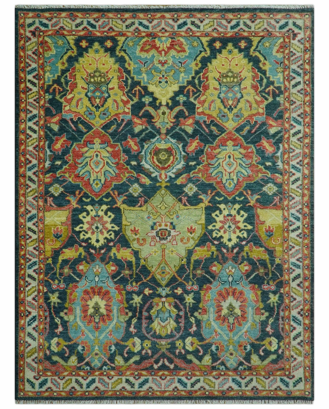 Traditional Design Blue, Rust and Gold Hand Knotted 9x12 Wool Rug - The Rug Decor
