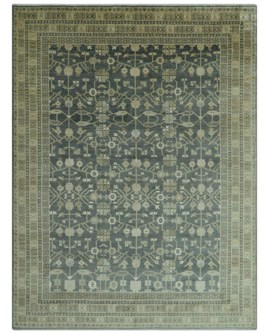 Traditional Design Charcoal And Beige 9x12 Hand Knotted Wool Area Rug - The Rug Decor