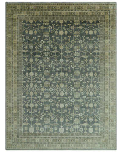 Traditional Design Charcoal And Beige 9x12 Hand Knotted Wool Area Rug - The Rug Decor