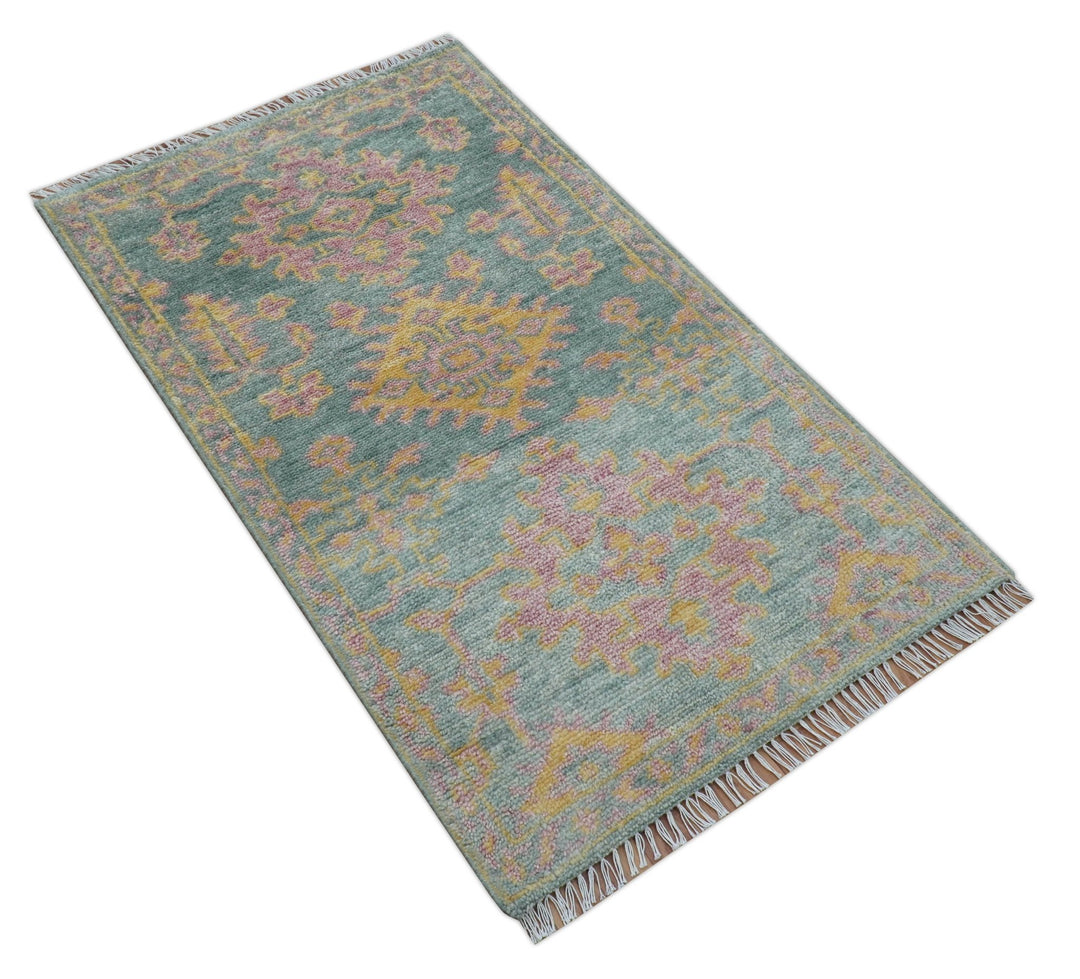 Traditional Design Teal And Pink 3x5 Hand knotted Wool Area Rug - The Rug Decor