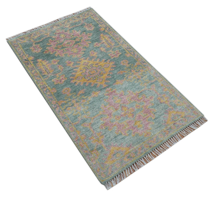 Traditional Design Teal And Pink 3x5 Hand knotted Wool Area Rug - The Rug Decor