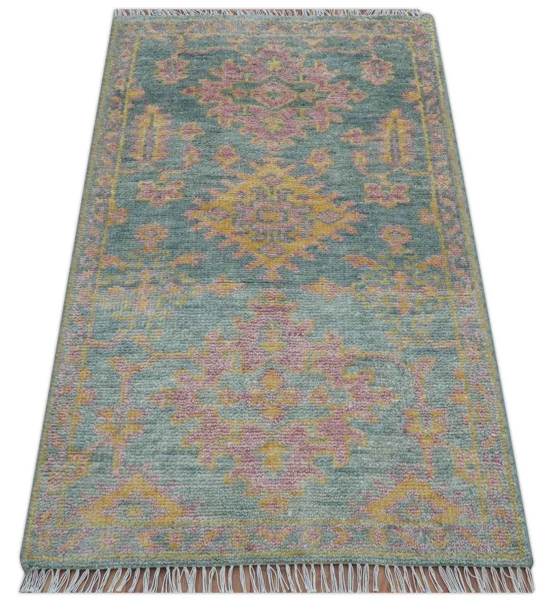 Traditional Design Teal And Pink 3x5 Hand knotted Wool Area Rug - The Rug Decor