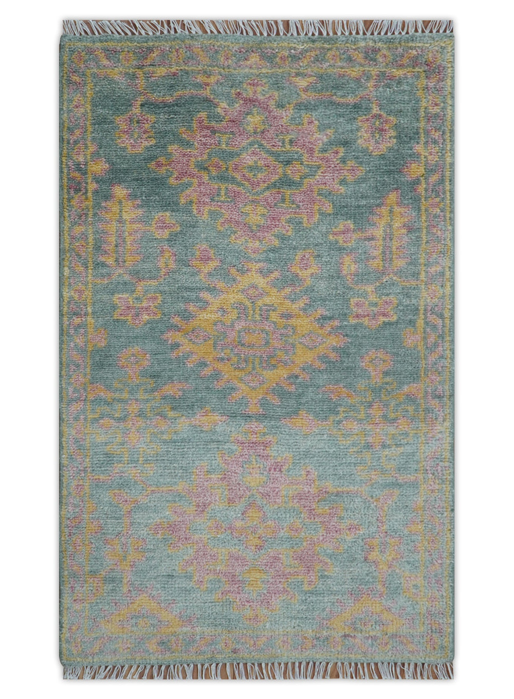 Traditional Design Teal And Pink 3x5 Hand knotted Wool Area Rug - The Rug Decor