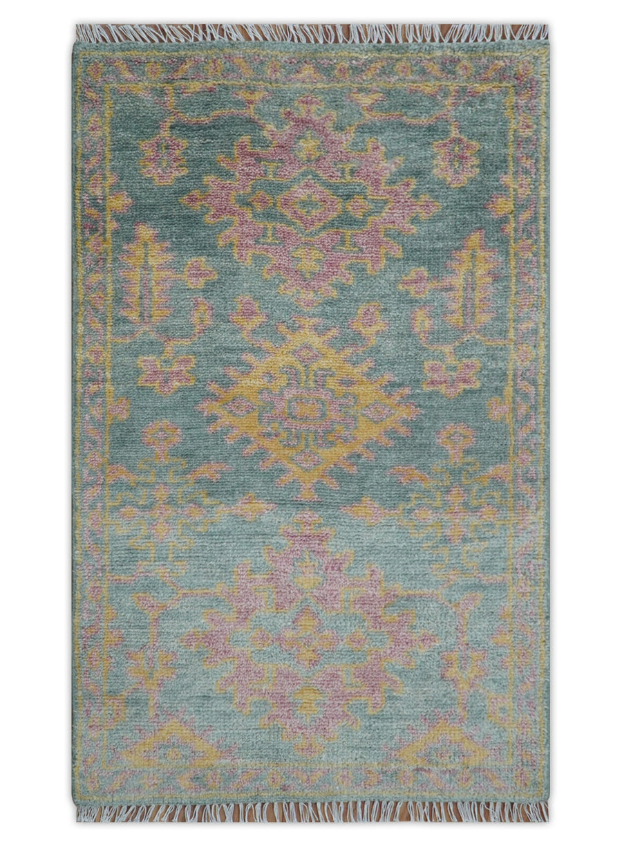 Traditional Design Teal And Pink 3x5 Hand knotted Wool Area Rug - The Rug Decor