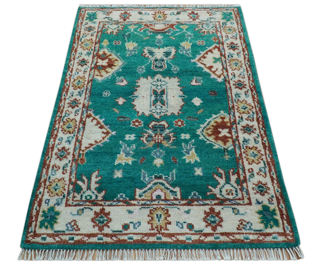 Traditional Design Teal Hand knotted 4x6 Wool Area Rug - The Rug Decor