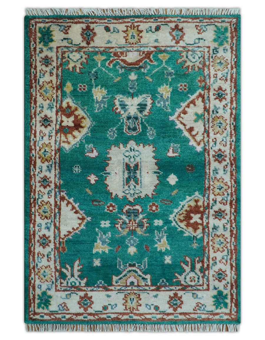 Traditional Design Teal Hand knotted 4x6 Wool Area Rug - The Rug Decor