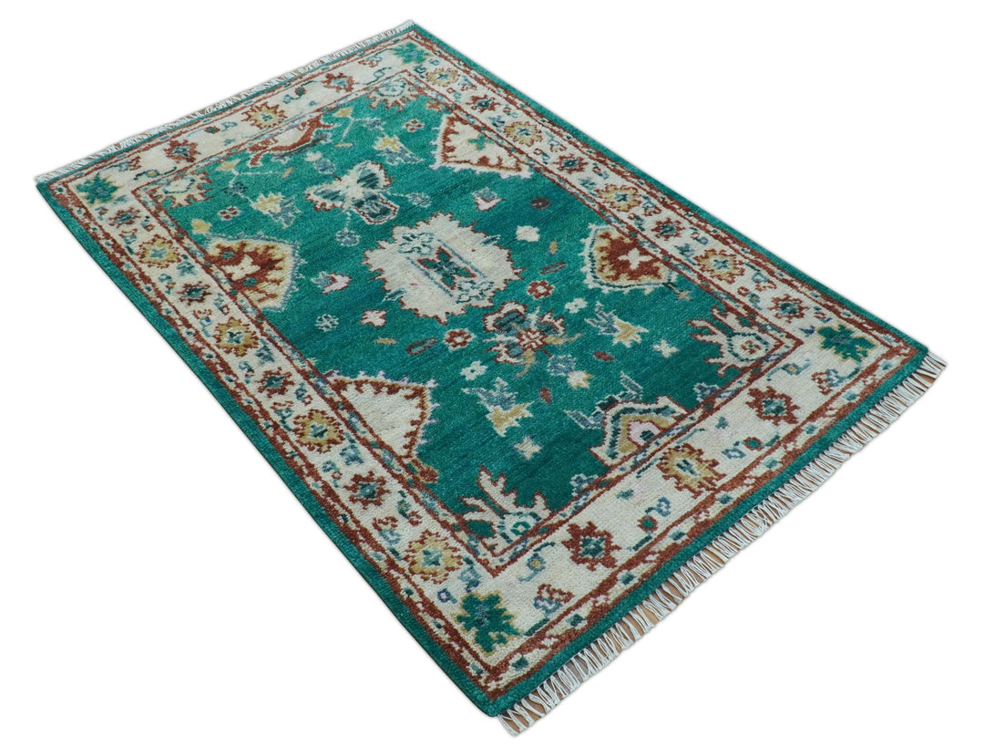 Traditional Design Teal Hand knotted 4x6 Wool Area Rug - The Rug Decor