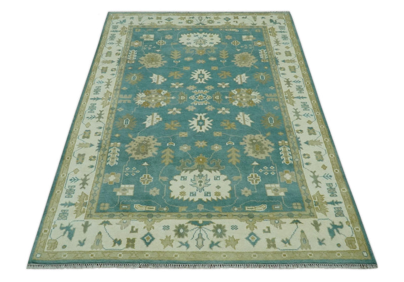 Traditional Floral 6x9 Teal, Ivory and Beige Oriental Hand Knotted wool rug - The Rug Decor