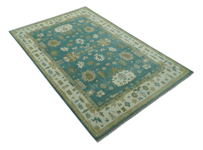 Traditional Floral 6x9 Teal, Ivory and Beige Oriental Hand Knotted wool rug - The Rug Decor