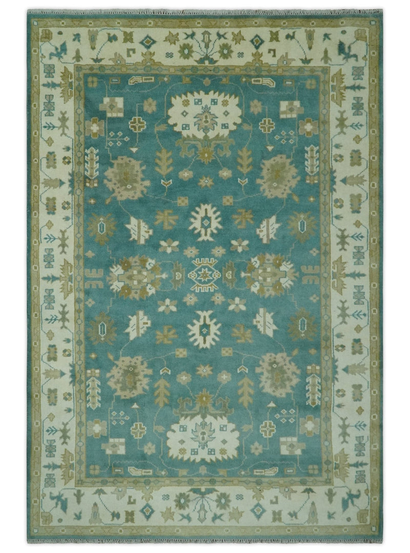 Traditional Floral 6x9 Teal, Ivory and Beige Oriental Hand Knotted wool rug - The Rug Decor