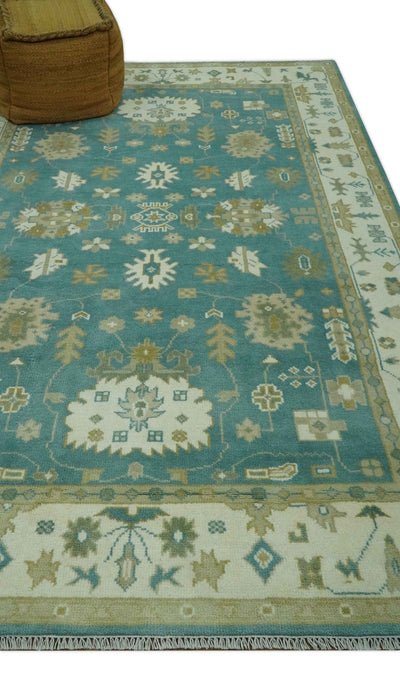 Traditional Floral 6x9 Teal, Ivory and Beige Oriental Hand Knotted wool rug - The Rug Decor