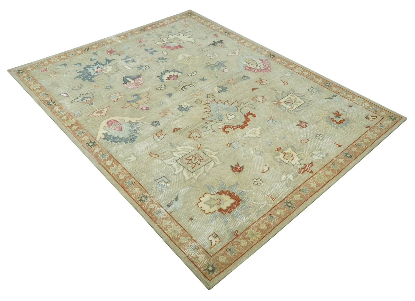Traditional Floral 8x10 Beige Hand Tufted Oriental distressed wool area rug - The Rug Decor