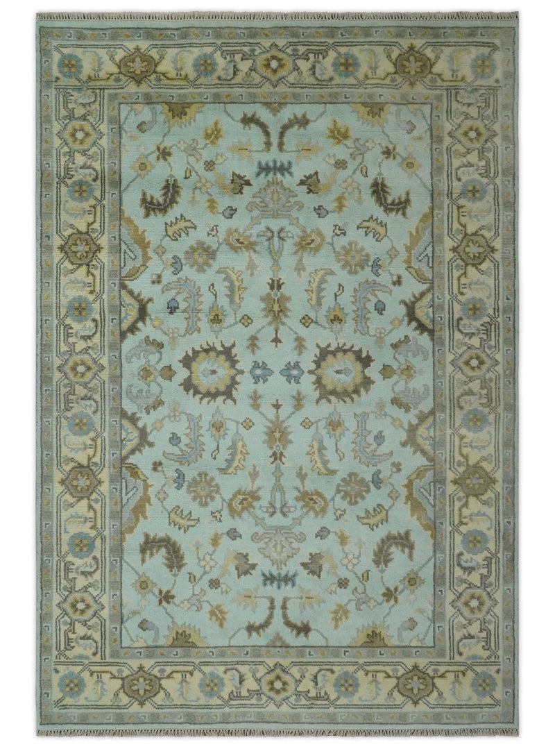 Traditional Floral Aqua, Beige and Taupe Hand Knotted 6x9 wool area rug - The Rug Decor