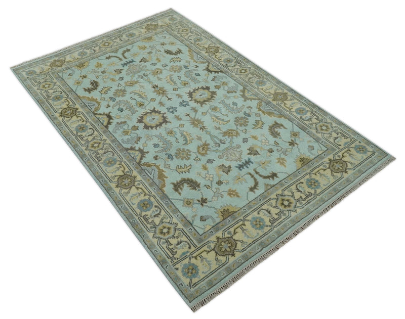 Traditional Floral Aqua, Beige and Taupe Hand Knotted 6x9 wool area rug - The Rug Decor