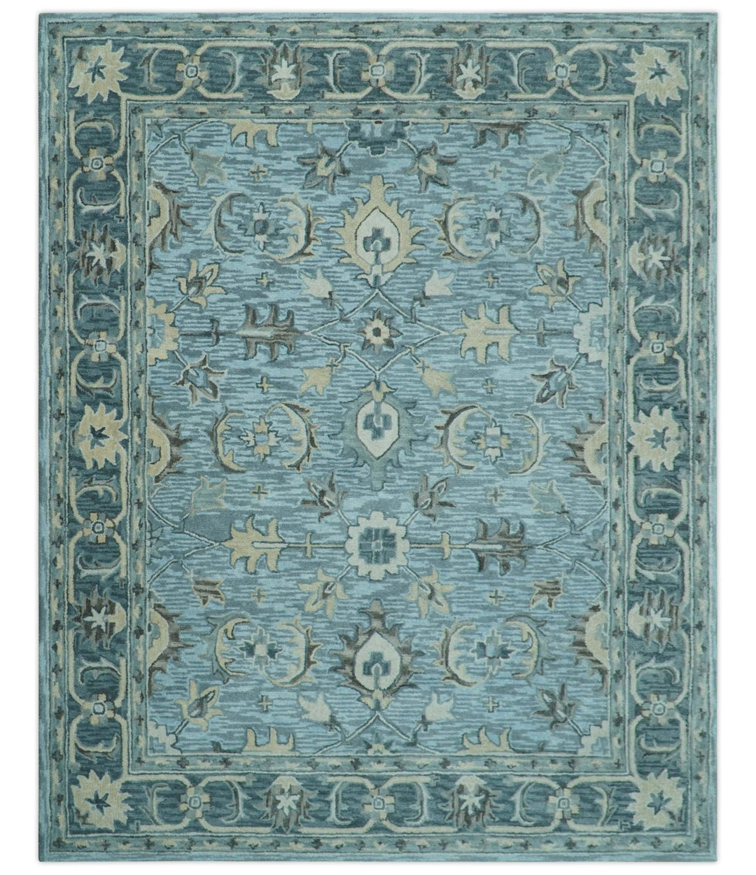Traditional Floral Aqua, Gray and Beige Hand Tufted Multi size wool area rug - The Rug Decor