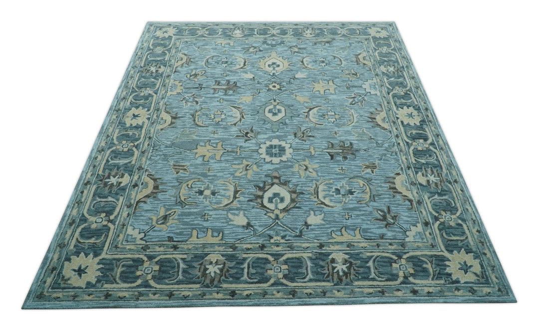 Traditional Floral Aqua, Gray and Beige Hand Tufted Multi size wool area rug - The Rug Decor