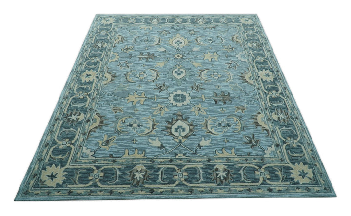 Traditional Floral Aqua, Gray and Beige Hand Tufted Multi size wool area rug - The Rug Decor