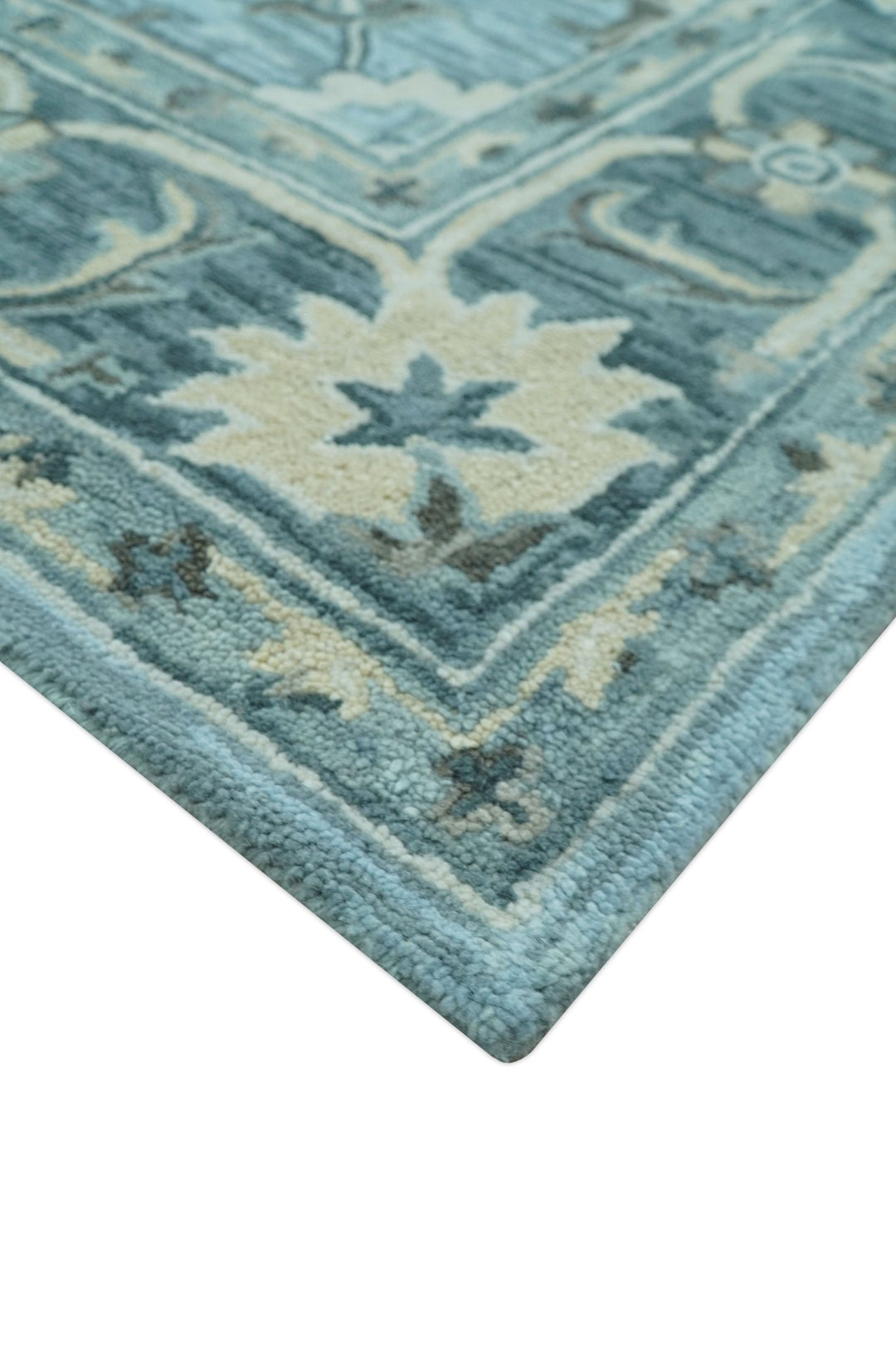 Traditional Floral Aqua, Gray and Beige Hand Tufted Multi size wool area rug - The Rug Decor