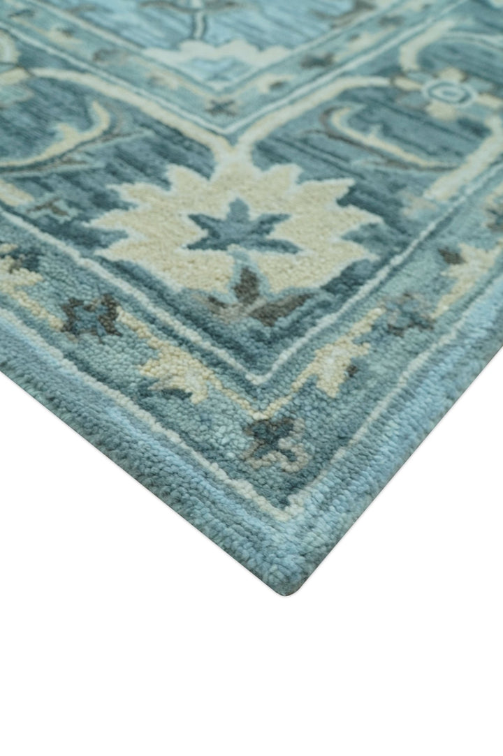 Traditional Floral Aqua, Gray and Beige Hand Tufted Multi size wool area rug - The Rug Decor