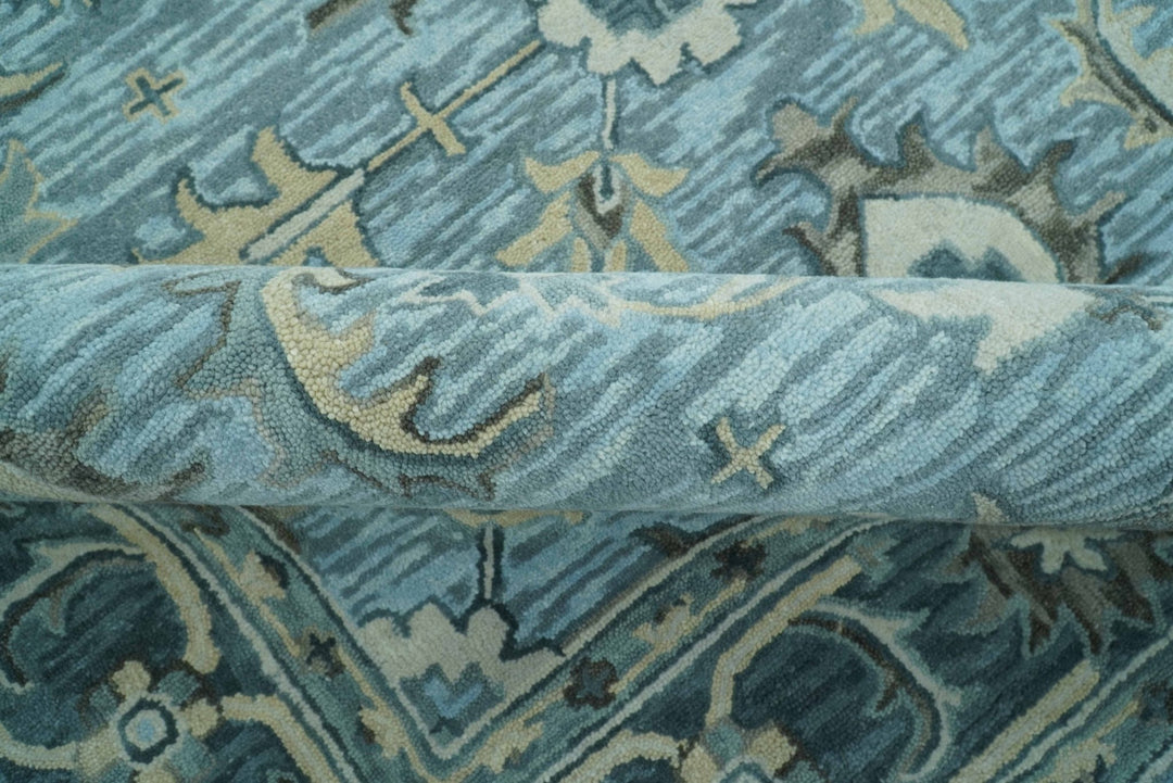 Traditional Floral Aqua, Gray and Beige Hand Tufted Multi size wool area rug - The Rug Decor