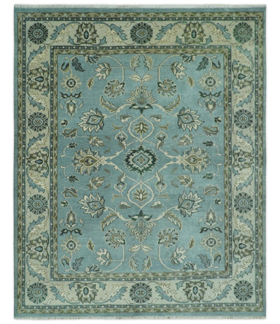 Traditional Floral Blue and Beige 8X10 Antique Style Hand Knotted Wool Rug - The Rug Decor