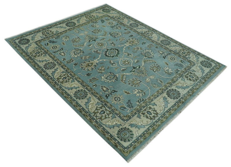 Traditional Floral Blue and Beige 8X10 Antique Style Hand Knotted Wool Rug - The Rug Decor