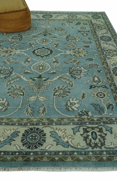 Traditional Floral Blue and Beige 8X10 Antique Style Hand Knotted Wool Rug - The Rug Decor