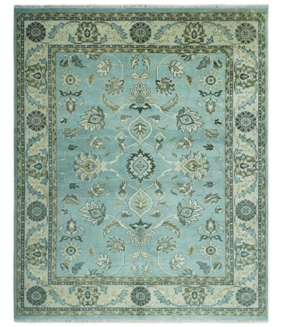 Traditional Floral Blue and Beige 8X10 Antique Style Hand Knotted Wool Rug - The Rug Decor