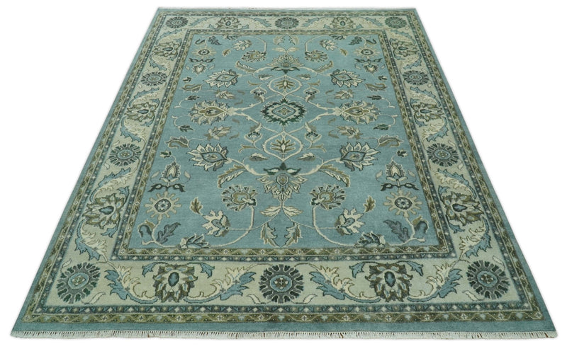 Traditional Floral Blue and Beige 8X10 Antique Style Hand Knotted Wool Rug - The Rug Decor