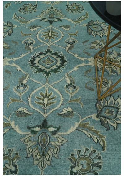 Traditional Floral Blue and Beige 8X10 Antique Style Hand Knotted Wool Rug - The Rug Decor