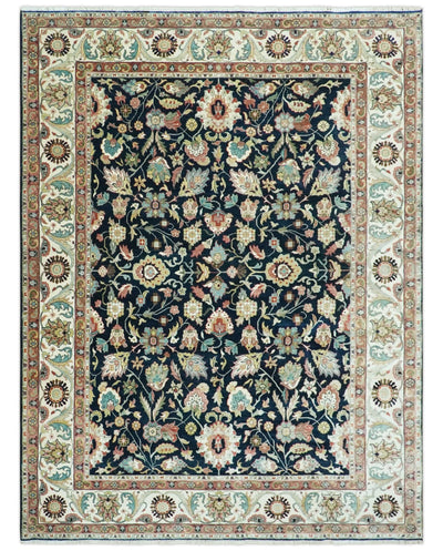 Traditional Floral Blue and Ivory Fine Hand Knotted 9x12 wool area rug - The Rug Decor