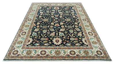 Traditional Floral Blue and Ivory Fine Hand Knotted 9x12 wool area rug - The Rug Decor