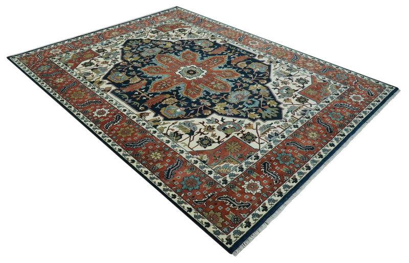 Traditional Floral Blue, Ivory and Rust Hand Knotted 9x12 wool area rug - The Rug Decor