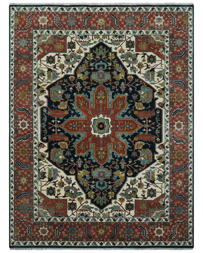 Traditional Floral Blue, Ivory and Rust Hand Knotted 9x12 wool area rug - The Rug Decor