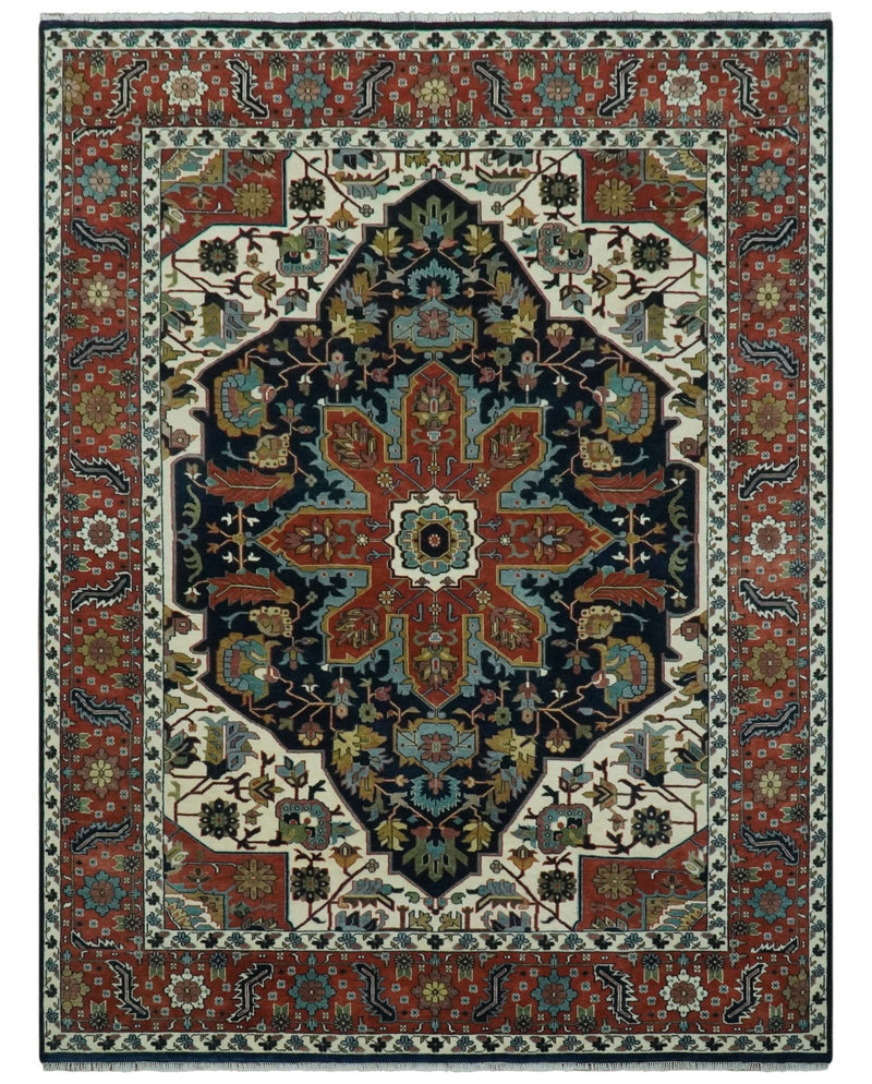 Traditional Floral Blue, Ivory and Rust Hand Knotted 9x12 wool area rug - The Rug Decor