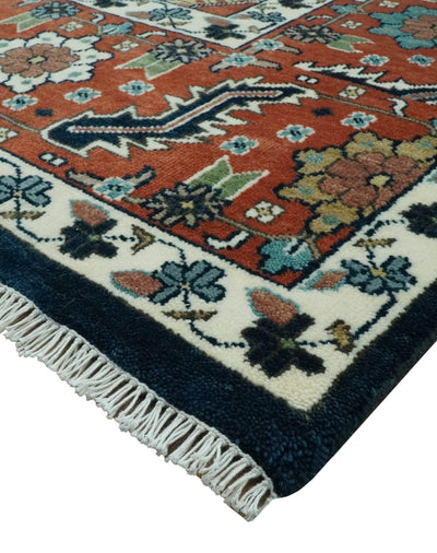 Traditional Floral Blue, Ivory and Rust Hand Knotted 9x12 wool area rug - The Rug Decor