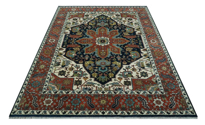 Traditional Floral Blue, Ivory and Rust Hand Knotted 9x12 wool area rug - The Rug Decor