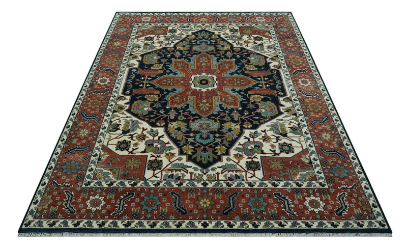 Traditional Floral Blue, Ivory and Rust Hand Knotted 9x12 wool area rug - The Rug Decor