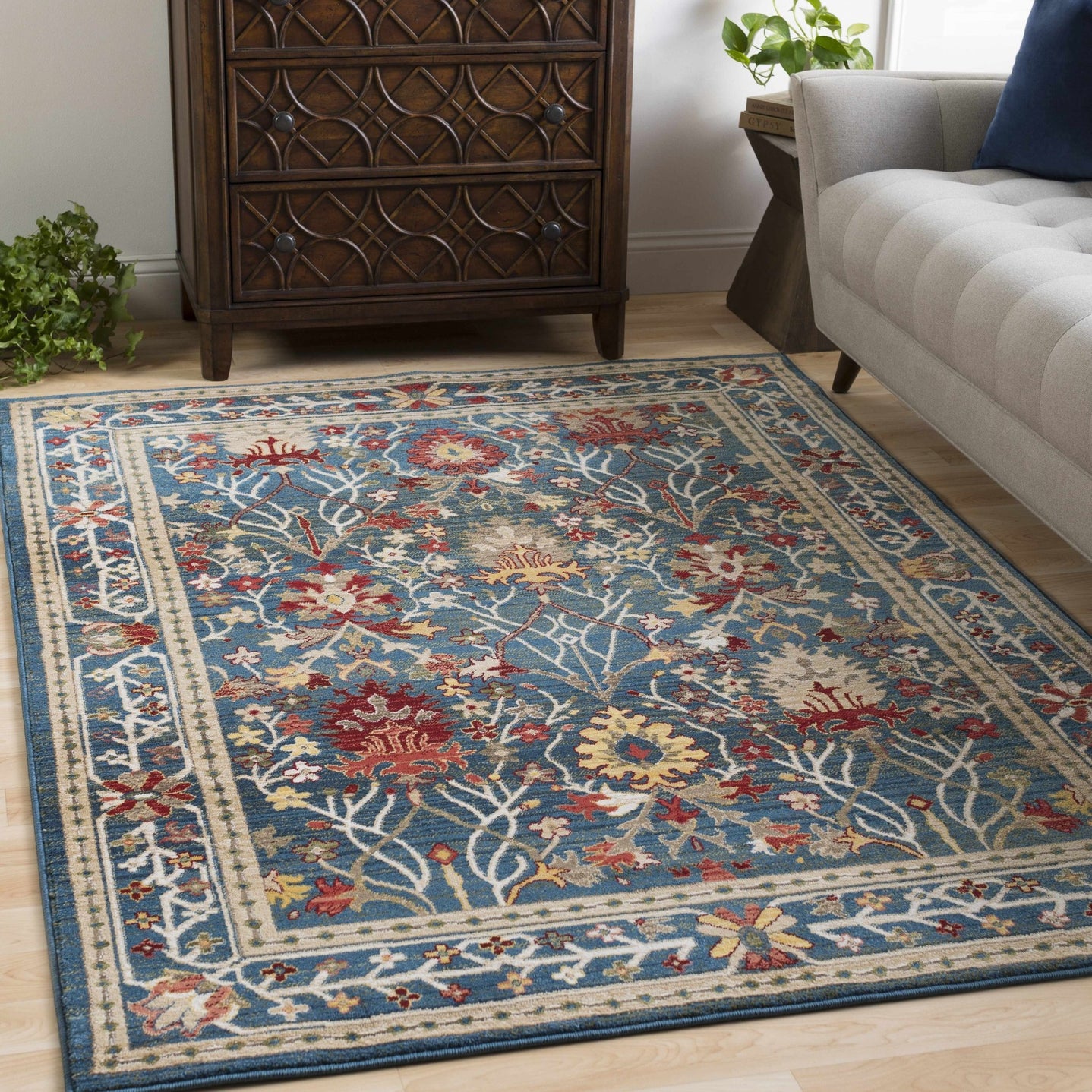 Traditional Floral Blue, Rust and Ivory Oriental Oushak area rug - The Rug Decor