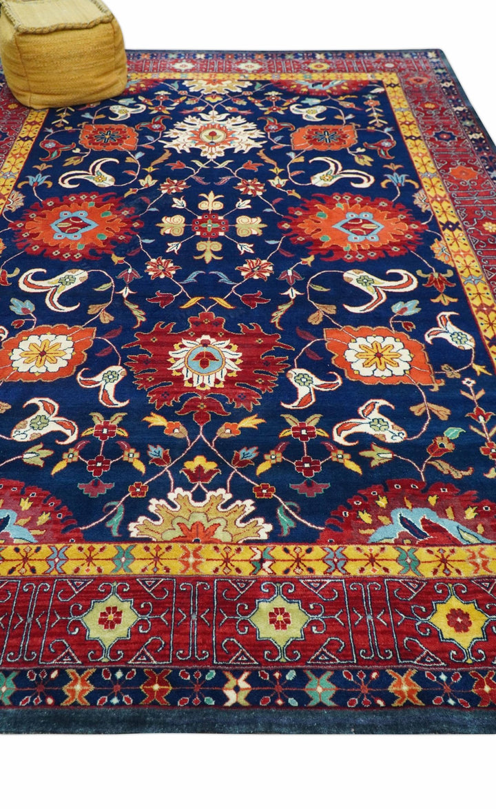 Traditional Floral Design Blue And Red 8x11 Hand Knotted wool Area Rug - The Rug Decor