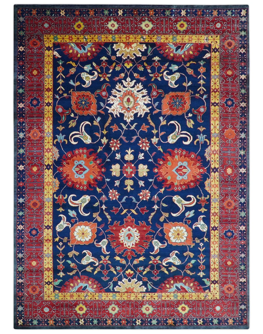 Traditional Floral Design Blue And Red 8x11 Hand Knotted wool Area Rug - The Rug Decor
