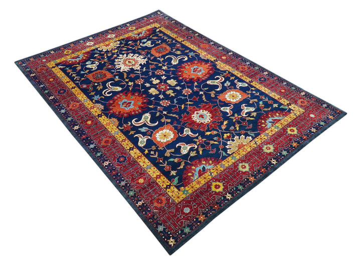 Traditional Floral Design Blue And Red 8x11 Hand Knotted wool Area Rug - The Rug Decor