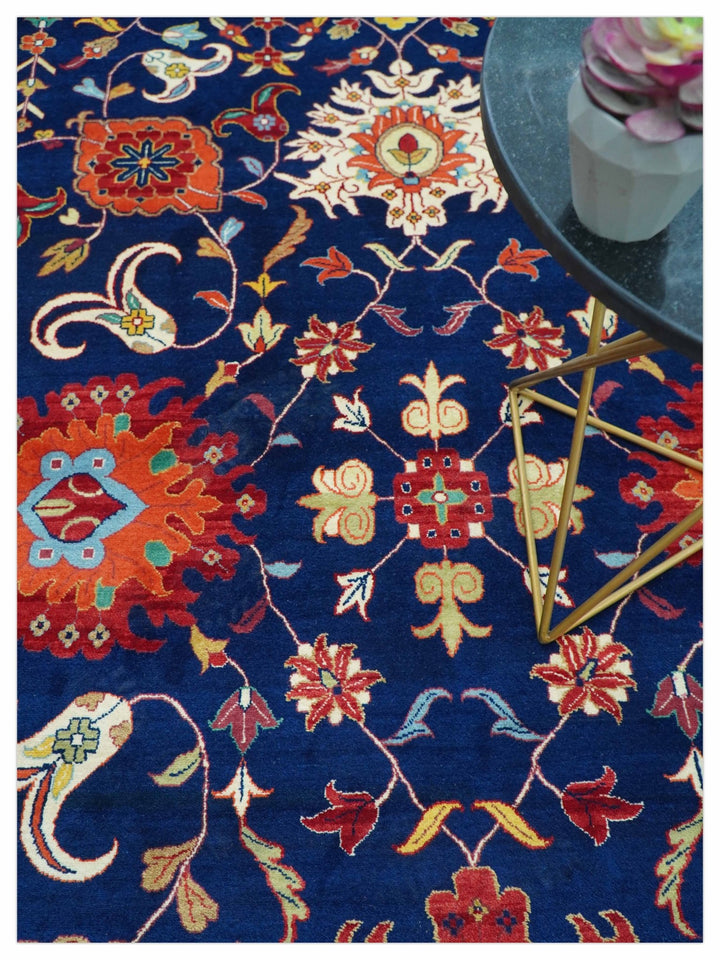 Traditional Floral Design Blue And Red 8x11 Hand Knotted wool Area Rug - The Rug Decor