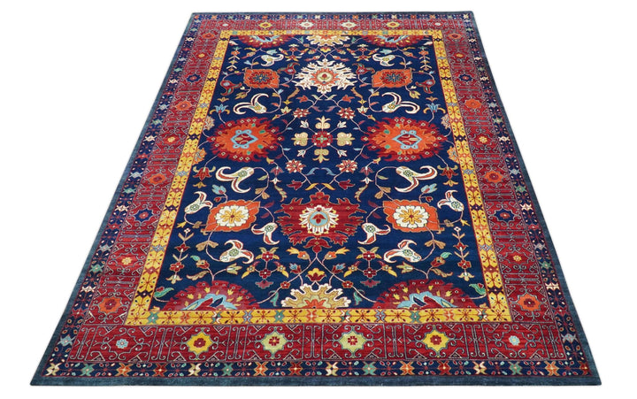 Traditional Floral Design Blue And Red 8x11 Hand Knotted wool Area Rug - The Rug Decor