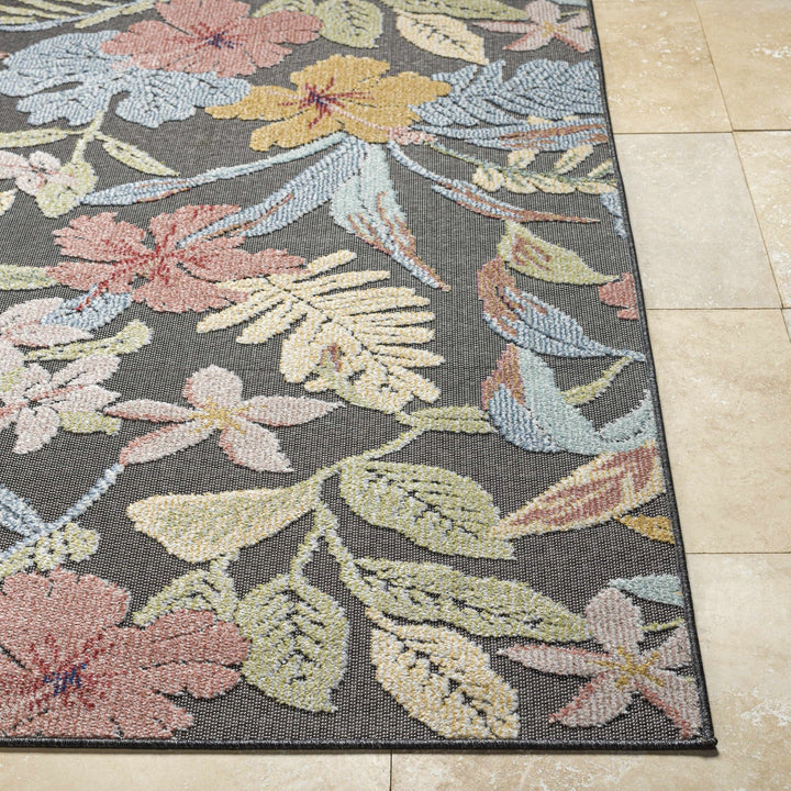 Traditional Floral Design Charcoal And Pink Machine Woven Outdoor Area Rug - The Rug Decor