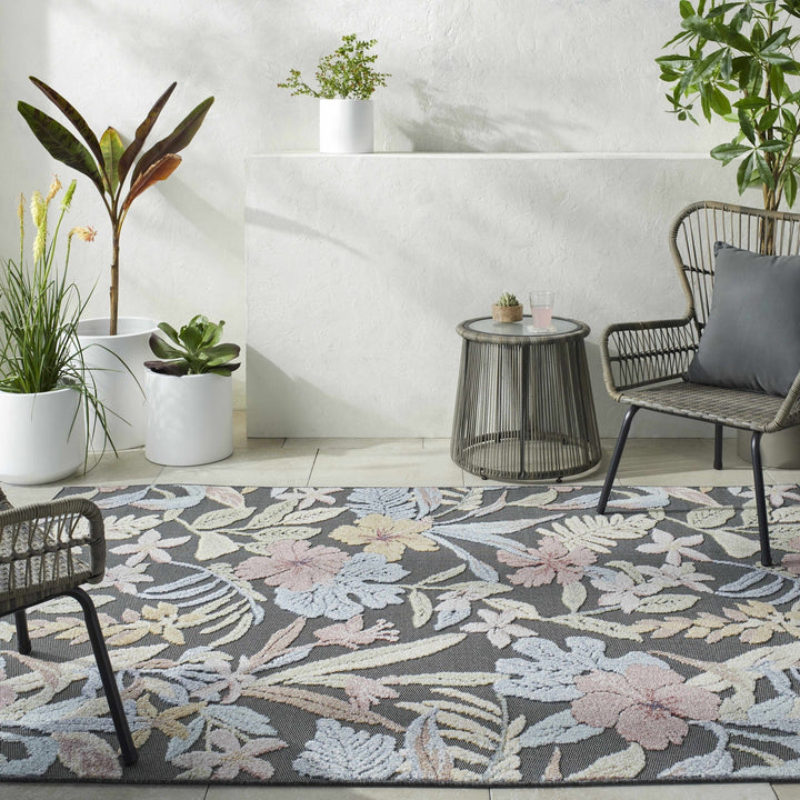 Traditional Floral Design Charcoal And Pink Machine Woven Outdoor Area Rug - The Rug Decor