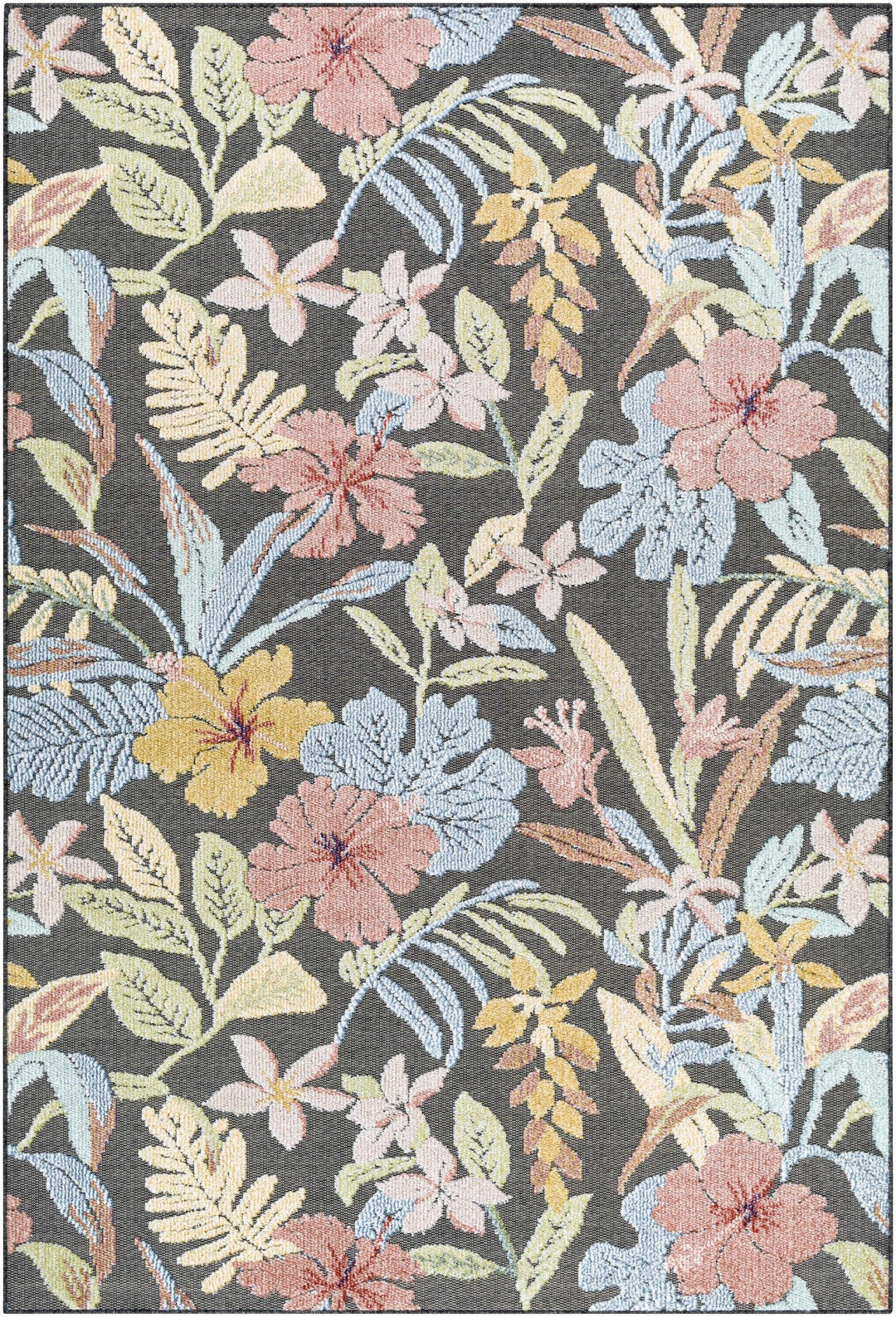 Traditional Floral Design Charcoal And Pink Machine Woven Outdoor Area Rug - The Rug Decor