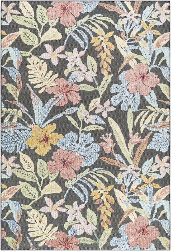 Traditional Floral Design Charcoal And Pink Machine Woven Outdoor Area Rug - The Rug Decor